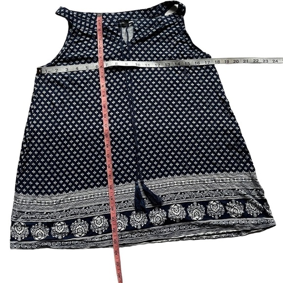 Lily Morgan boho tank top boat neck damask navy blue white tassels Size S - Picture 11 of 13
